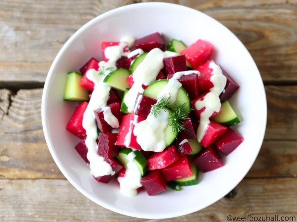 A colorful cucumber beet salad with creamy dressing and fresh dill on a wooden table.